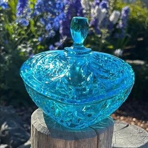 Vintage Hazel Atlas Pressed Glass Capri Blue Covered Candy Dish